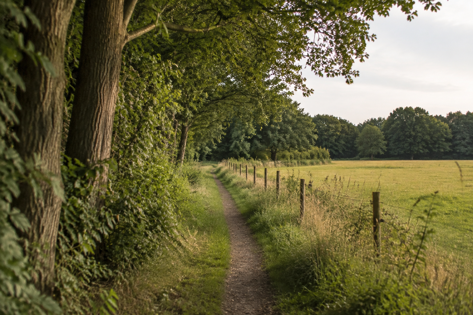 Rustig wandelpad langs bos en veld
